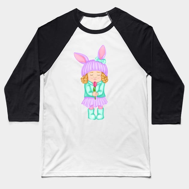 Baby girl in bunny hat and spring clothes with flower. Spring print Baseball T-Shirt by Ayaruta